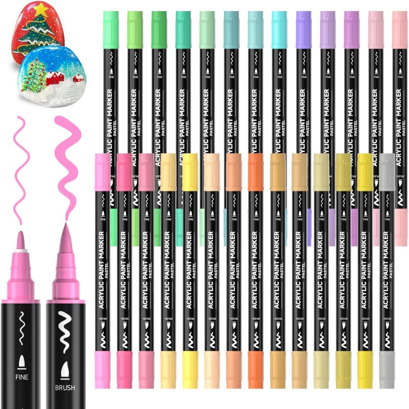 Shuttle Art 28 لون باستيل أقلام طلاء أكريليك ذات طرفين، طرف فرشاة وطرف دقيق لأقلام الطلاء الأكريليكي للصخور، السيراميك، الخشب، القماش، البلاستيك، الزجاج، الحجر، الخط، صناعة البطاقات، الحرف والفن على الأظافر - Image 1